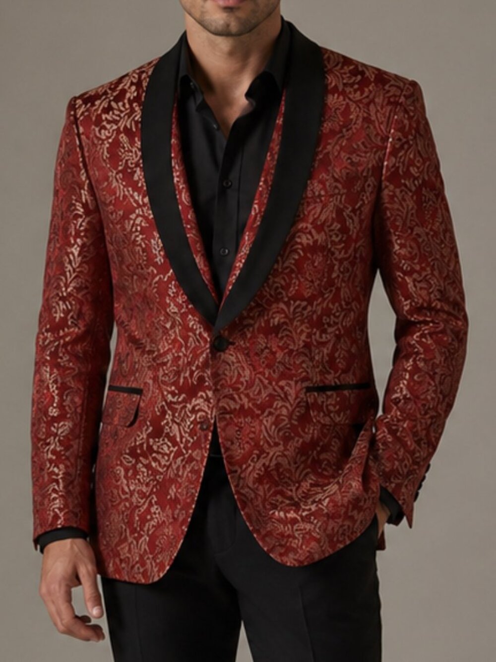 Statements Italy “Confidence Collection “ Red & Gold Brocade Tuxedo Jacket 56L